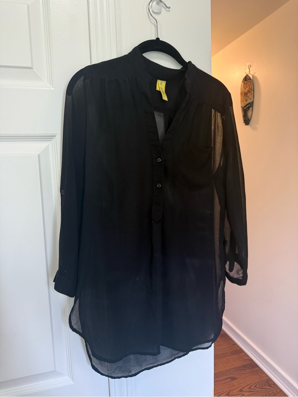 Black Sheer Long-Sleeve Tunic Blouse - Unbranded